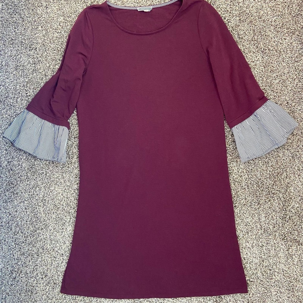 Pleione maroon dress 3/4 ruffled shift pin stripe bell sleeves knee length